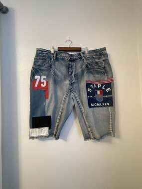 Staple Patchwork Button Fly Denim Cut Off Shorts
Size 42